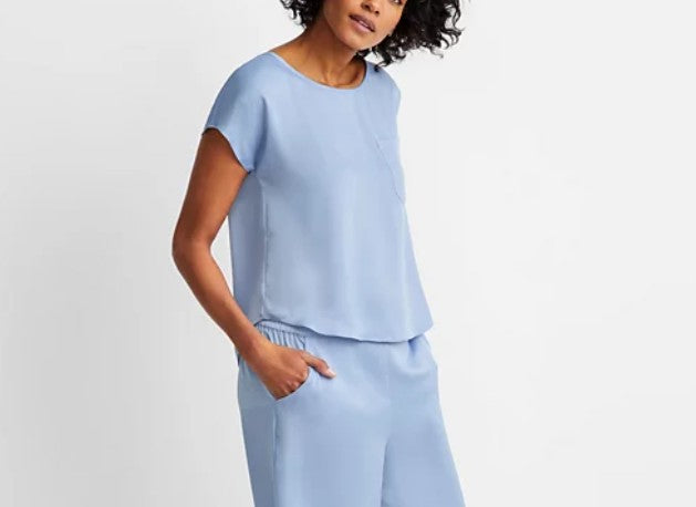 State of Day Women's Crepe de Chine Short-Sleeve Pajama Top Eventide Size L