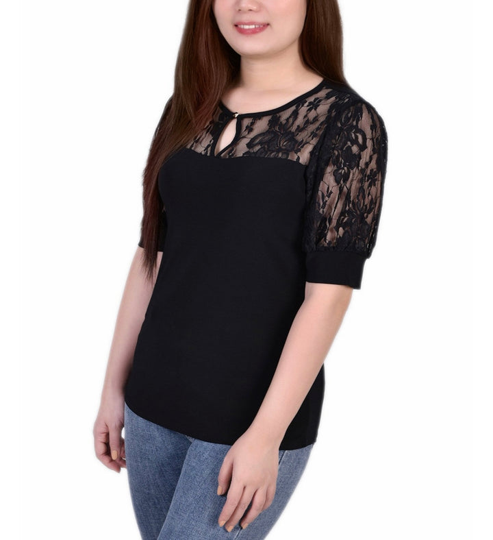 NY Collection Women's Puff Sleeve Lace Top Black Petite Size PXL