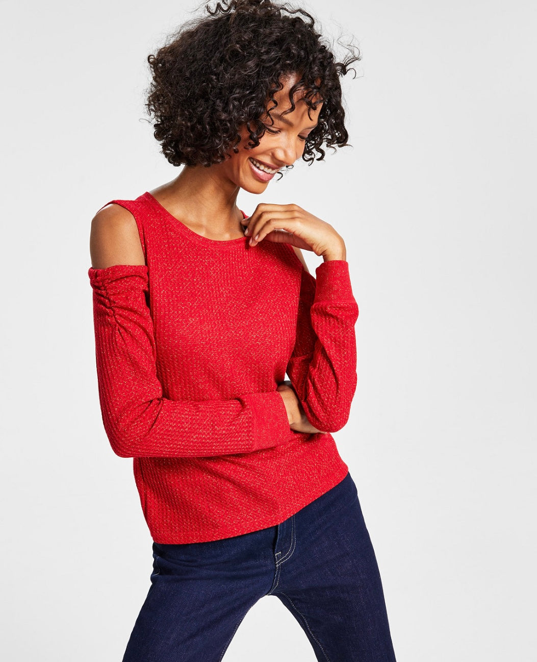 Tommy Hilfiger Women's Metallic Waffled Cold-Shoulder Shirt Red