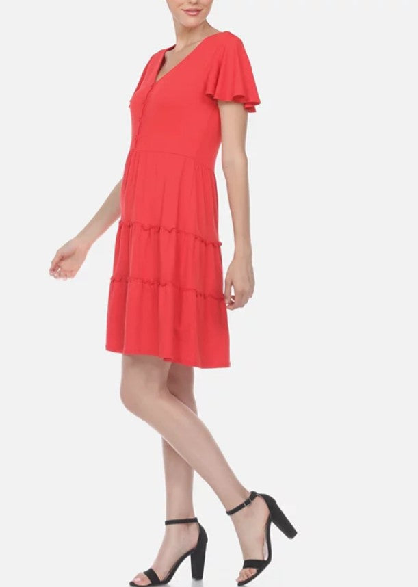 White Mark Women's Short Sleeve V-Neck Tiered Dress Red Size M