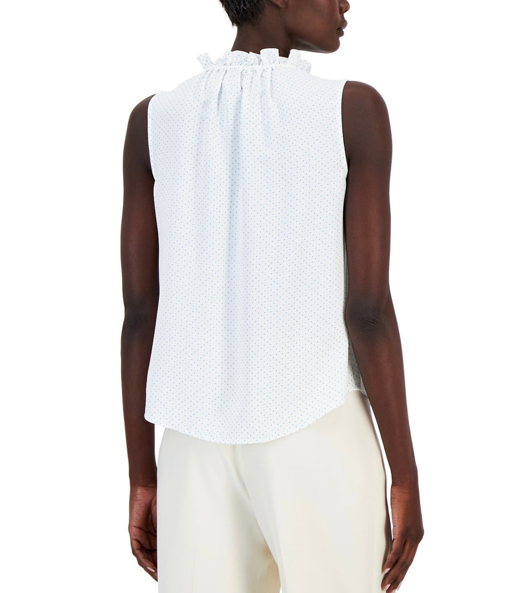 Anne Klein Women's Flat Satin Ruffle Mock Tie Neck Sleeveless Blouse Size L