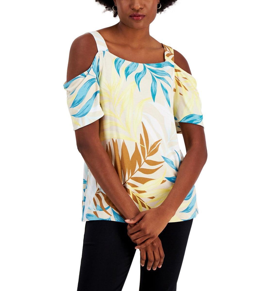 JM Collection Women's Square Neckline Cold-Shoulder Top Taupe Flash Combo
