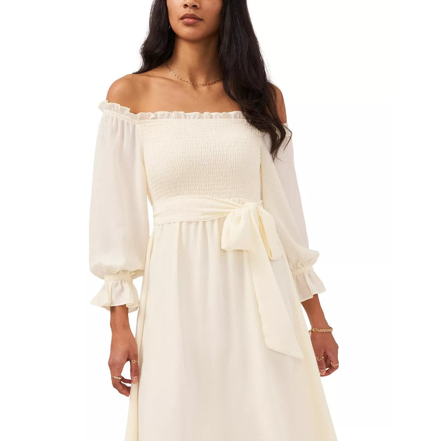 1.State Women's Off The Shoulder Bubble Sleeve Smocked Dress New Ivory Size XL