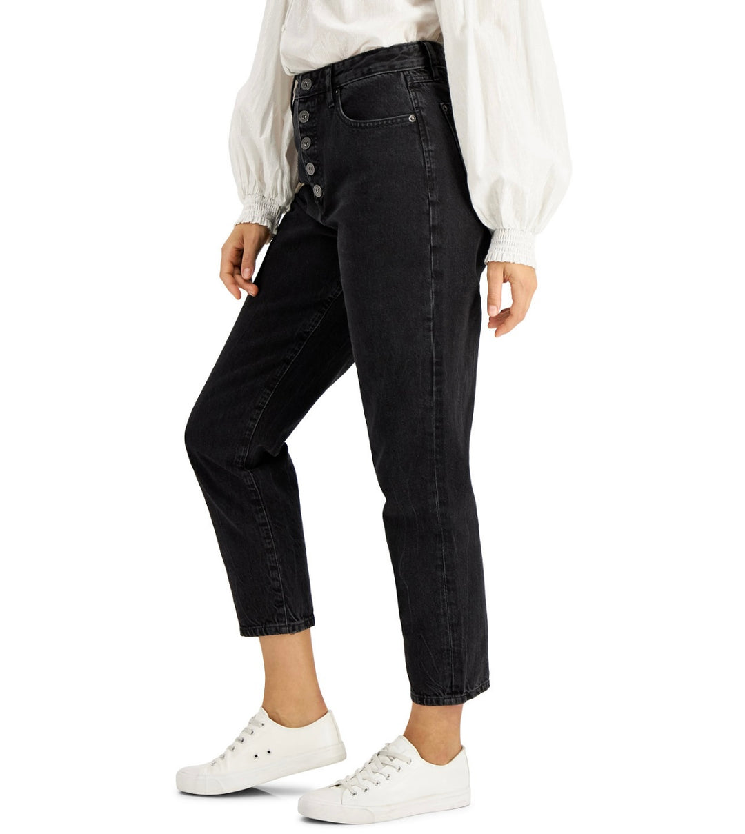 INC International Concepts Women's High Rise Button-Fly Mom Jeans Black