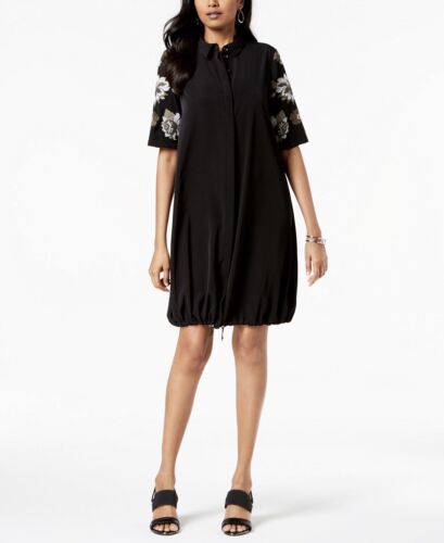 Alfani Women' Petites Dress Black Solid Bungee-Hem Golden Eclectic Buttons