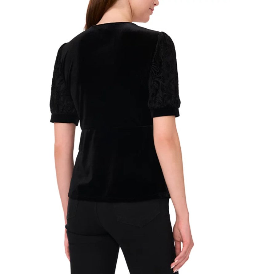 Sam & Jess Women's Velvet Faux-Wrap Flocked-Sleeve Top Black Size L