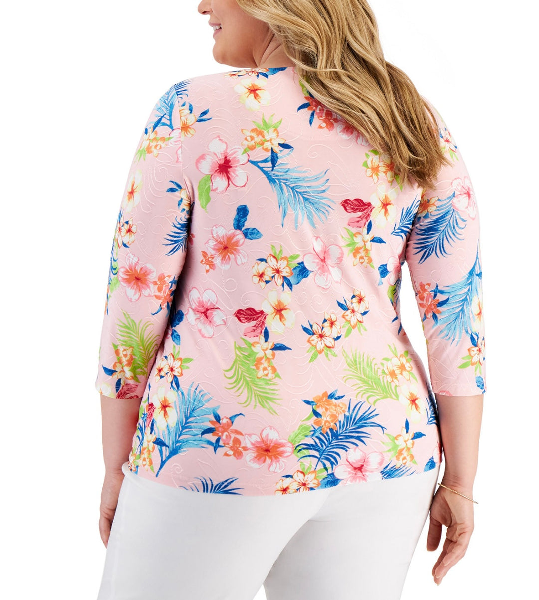 JM Collection Women's Scoop Neckline 3/4 Sleeve Floral Jacquard Top Plus Size 0X