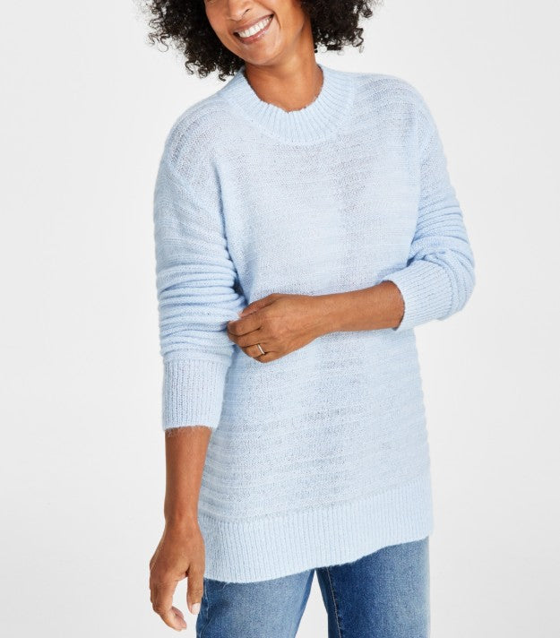 Style & Co. Women's Textured Crewneck Tunic Sweater Frozen Blue Petite Size PM