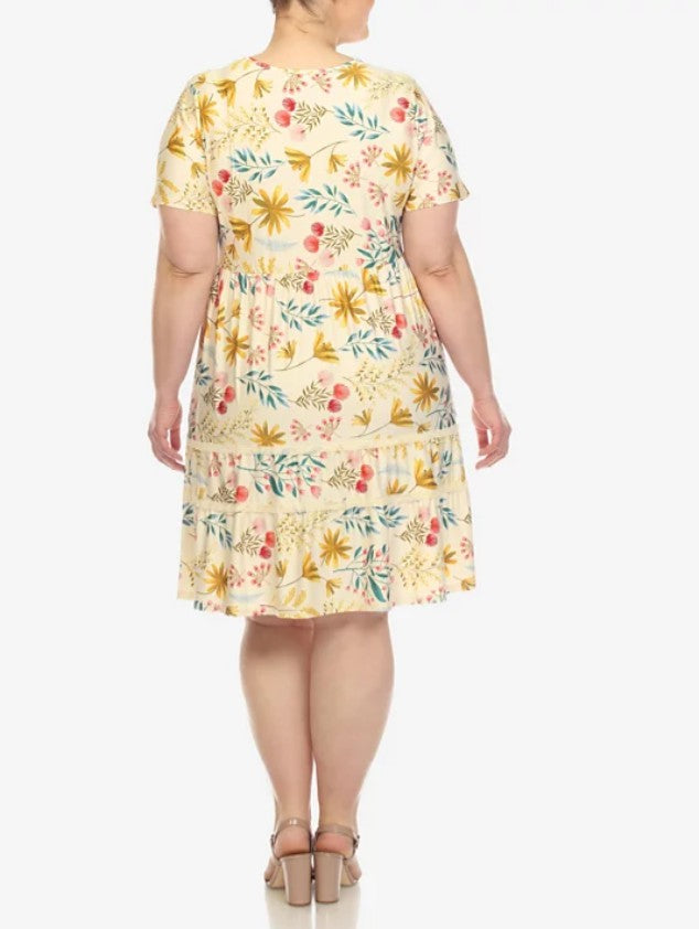 White Mark Women's Floral Short Sleeve Knee Length Dress Beige Plus Size 3XL