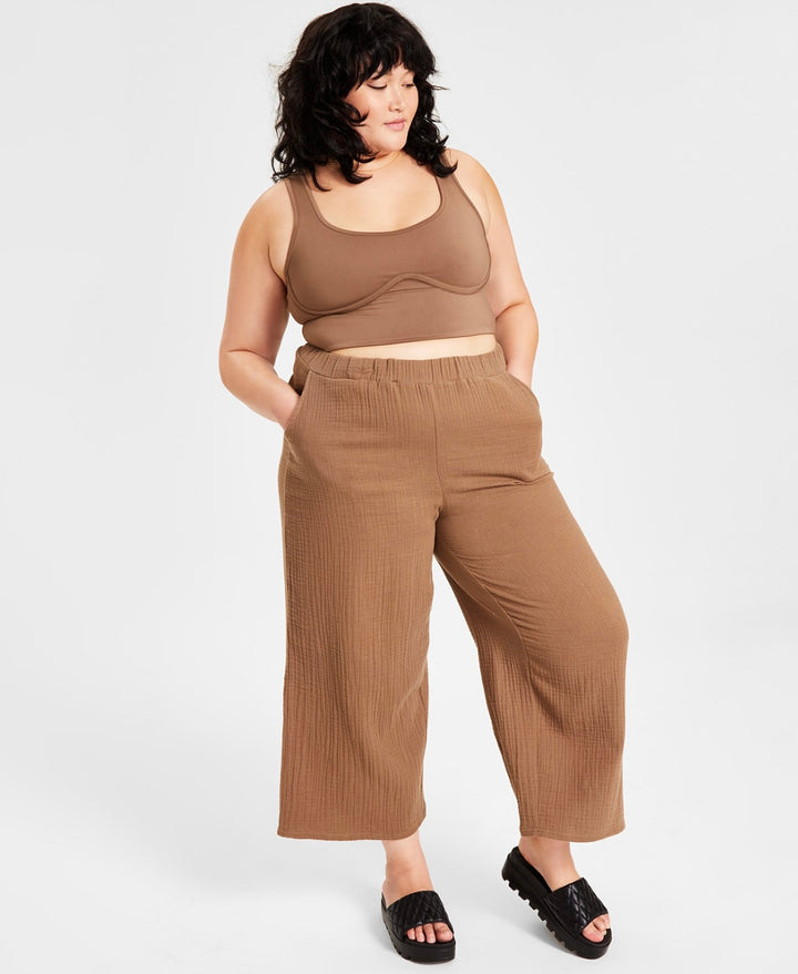 Jenni Style Not Size Women's Plus Size Solid Wide Leg Pant Tobacco Tan