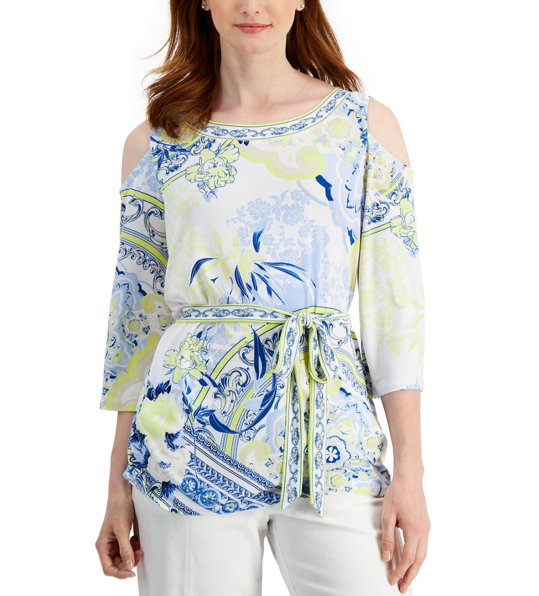 JM Collection Women's Scoop Neckline Belted Cold-Shoulder Top Size XXL