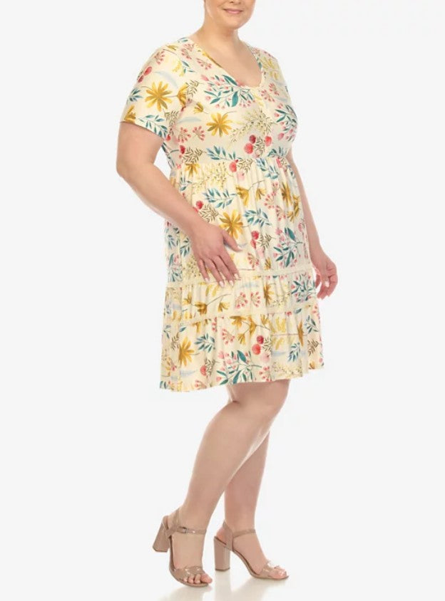 White Mark Women's Floral Short Sleeve Knee Length Dress Beige Plus Size 3XL