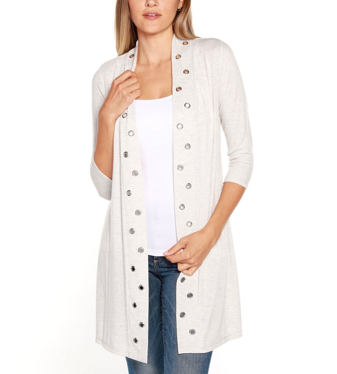 Belldini Women's Grommet-Trim Cardigan Light Gray Silver Size S