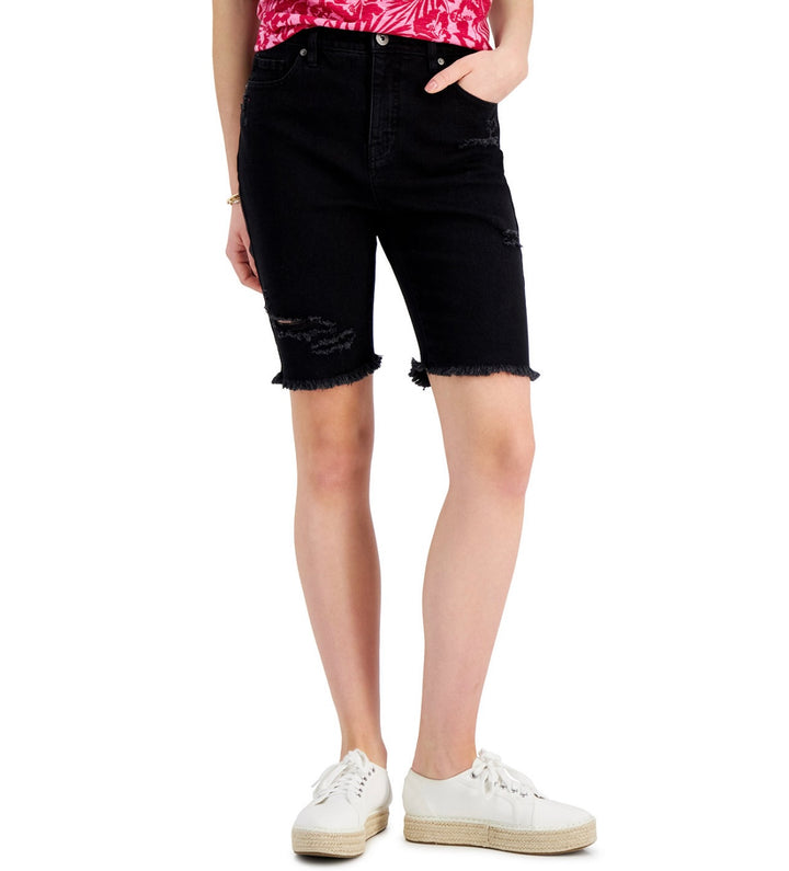 Style & Co. Women's High Rise Ripped Denim Bermuda Shorts Washed Black Size 10