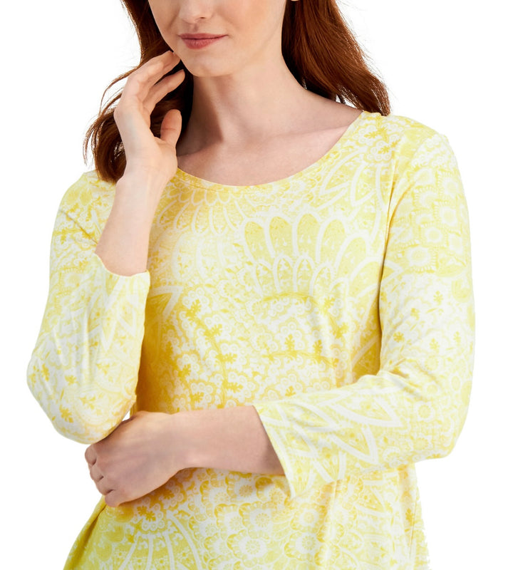 JM Collection Women's 3/4-Sleeve Printed Top White/Yellow Petite Size PL
