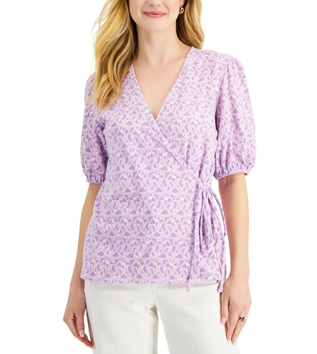 Charter Club Women's V-Neck Floral Wrap-Front Knit Top Size S