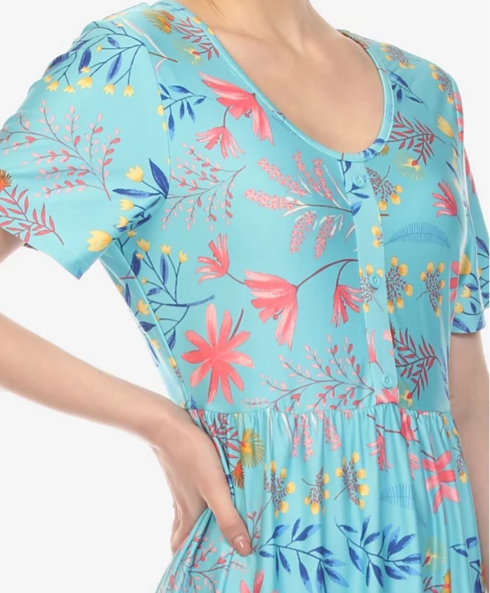 White Mark Women's Floral Short Sleeve Knee Length Dress Blue Size L