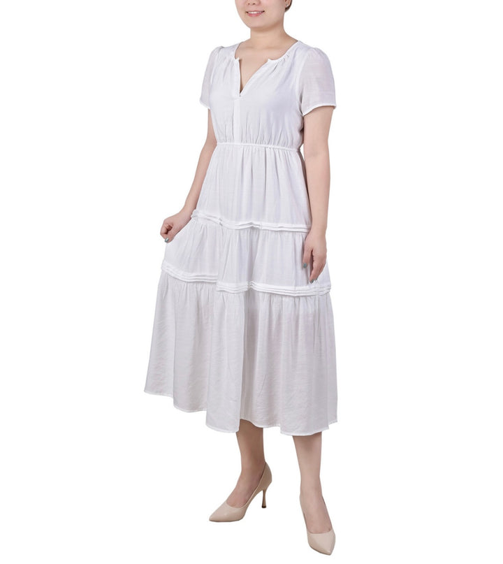NY Collection Women's Ankle Length Short Sleeve Dress White Size Petite PM