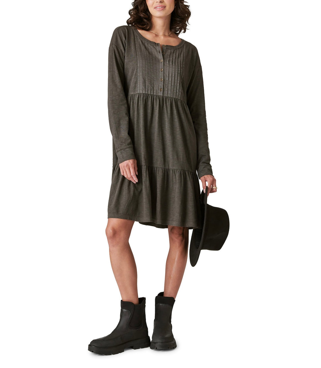 Lucky Brand Women's Pintuck Tiered Knit Henley Dress Raven Size S