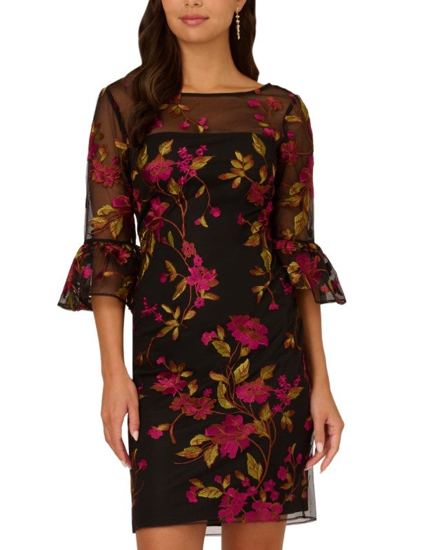Adrianna Papell Women's Floral Embroidered Flare-Sleeve Sheath Dress Size 2