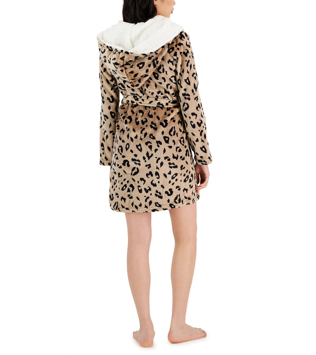 Jenni Women's Printed Short Sherpa Hooded Robe Space Leopard Black