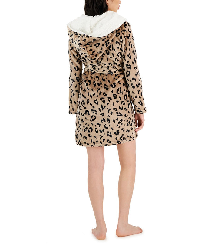 Jenni Women's Printed Short Sherpa Hooded Robe Space Leopard Black