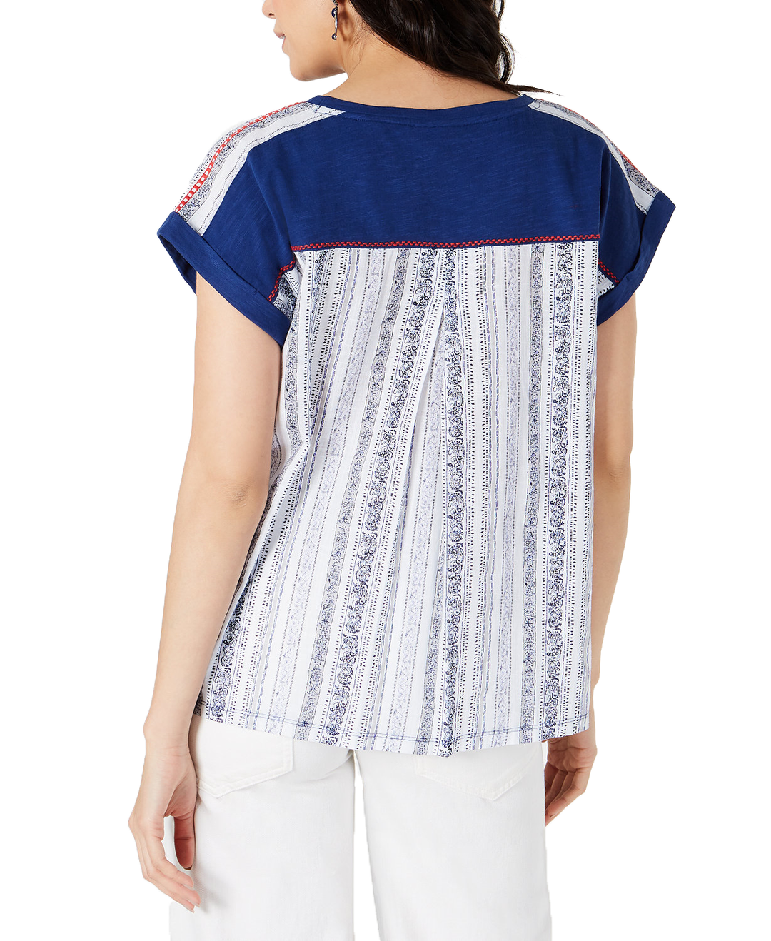 Style & Co Women's Mixed Media Scoop-Neck Top Americana Stripe Size L
