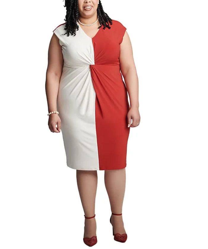 Kasper Women's Twisted-Front Colorblocked Cap-Sleeve Dress Plus Size 2X