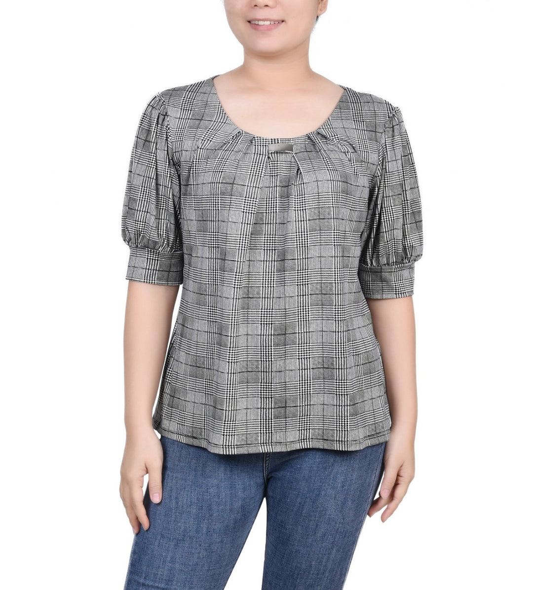 NY Collection Women's Short Sleeve Balloon Sleeve Top Jet Benpla Petite Size PM