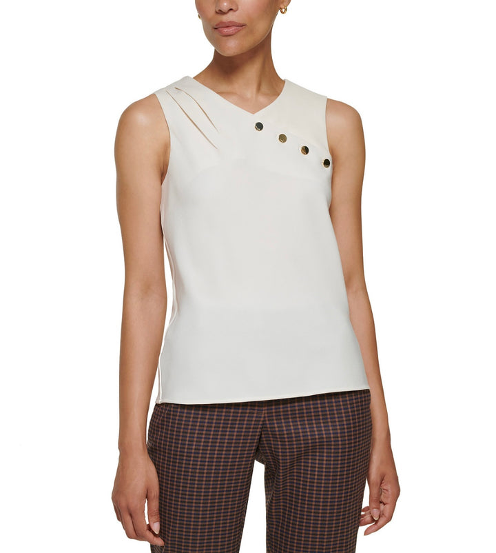 DKNY Women's Sleeveless Mix Media Top Buttercream Petite Size PS