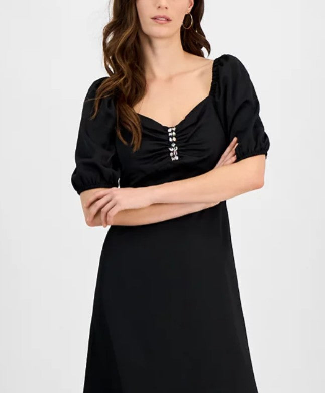 Anne Klein Women's Rhinestone Puff-Sleeve Midi Dress Black Size 12