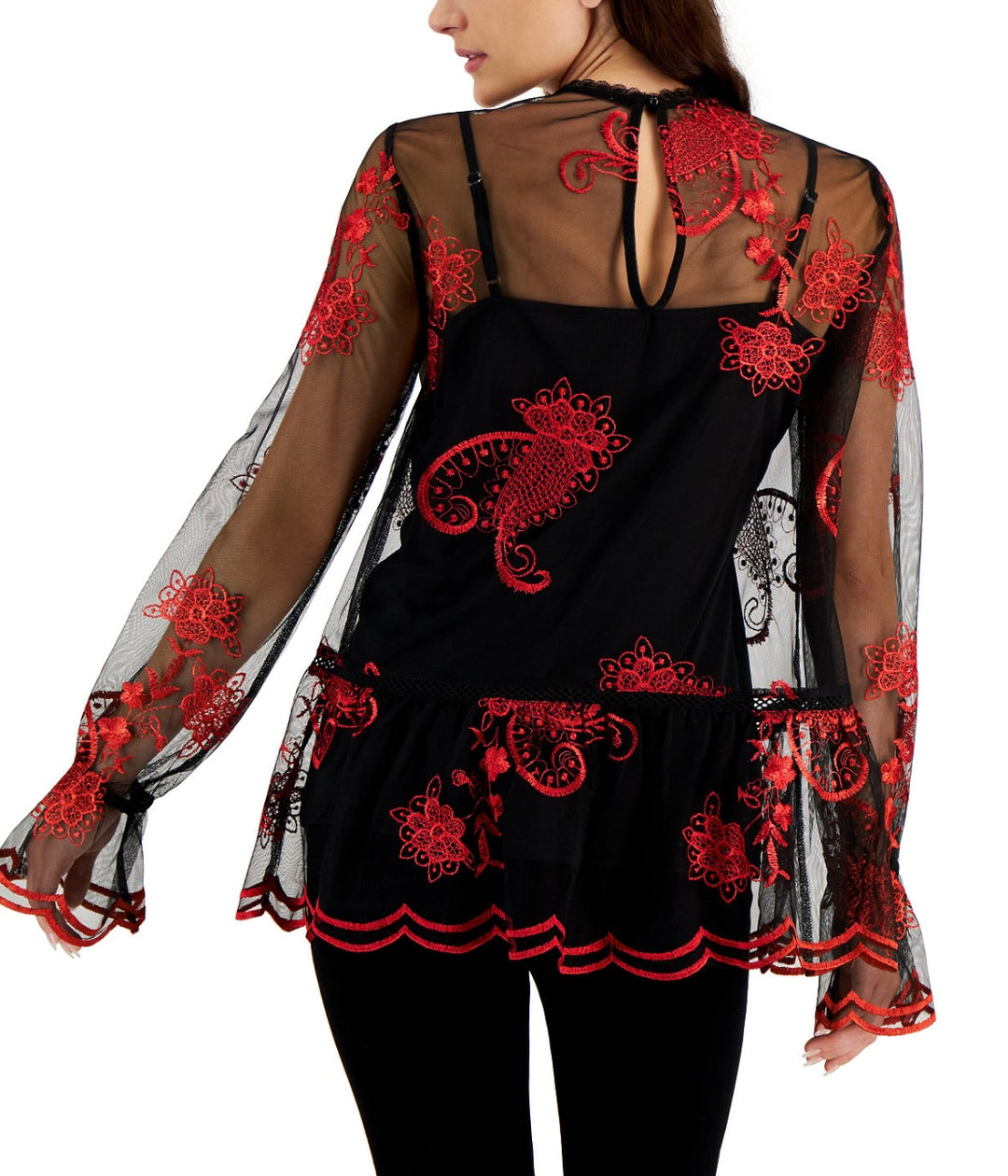 Fever Women's Printed-Embroidered-Mesh Long-Sleeve Top Black Size S