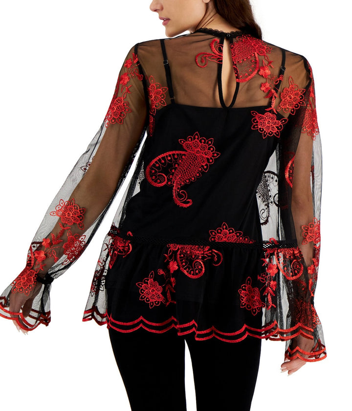 Fever Women's Printed-Embroidered-Mesh Long-Sleeve Top Black Size S