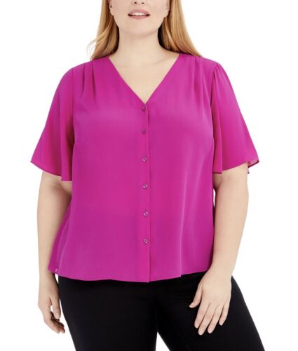 Alfani Women's Plus Button Front Flutter Sleeve Top Fuchsia Sizes 1X,2X,3X