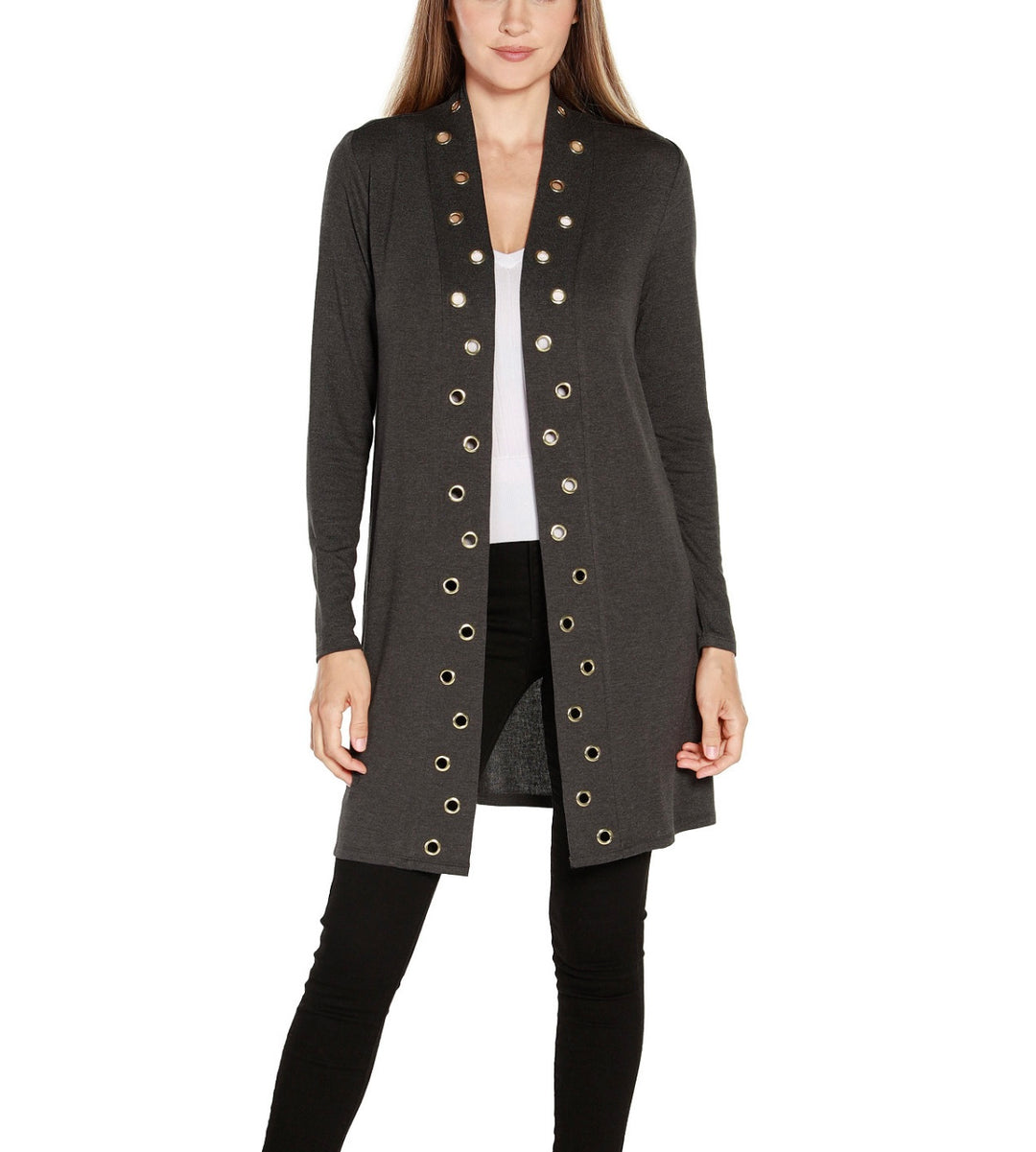 Belldini Women's Grommet-Trim Cardigan Heather Charcoal Size S