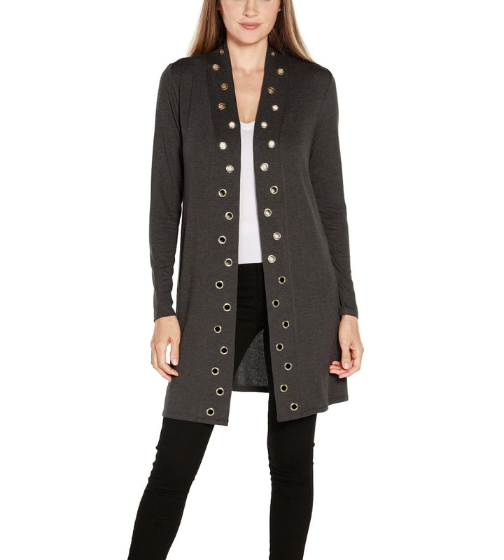 Belldini Women's Grommet-Trim Cardigan Heather Charcoal Size S