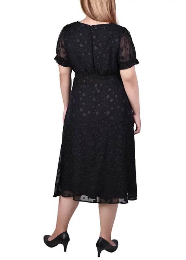 NY Collection Women's Short Sleeve Belted Swiss Dot Dress Black Plus Size 2X