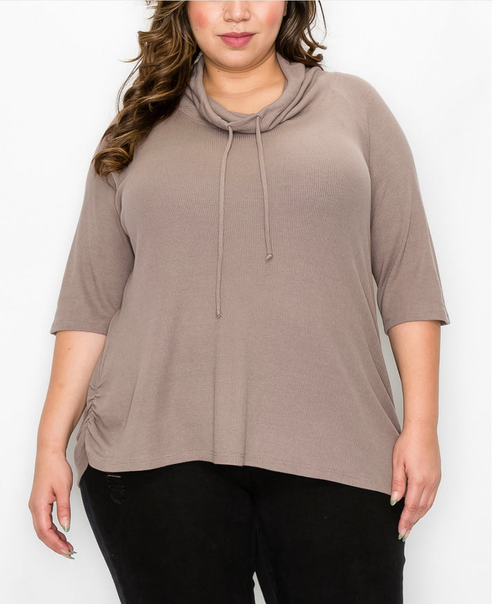 COIN 1804 Women's Baby Thermal Cowl Neck Side Ruched Top Stone Dark Plus Size 3X