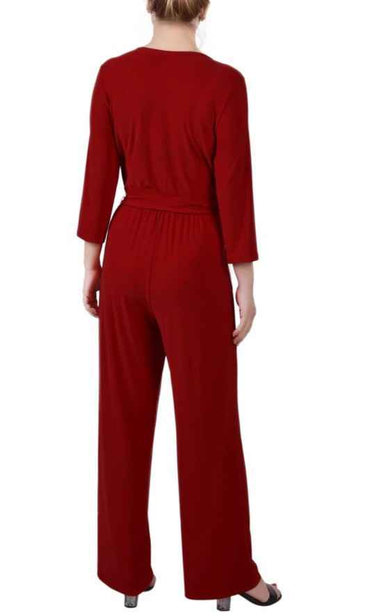 NY Collection Women's 3/4 Sleeve Belted Jumpsuit Wine Size M