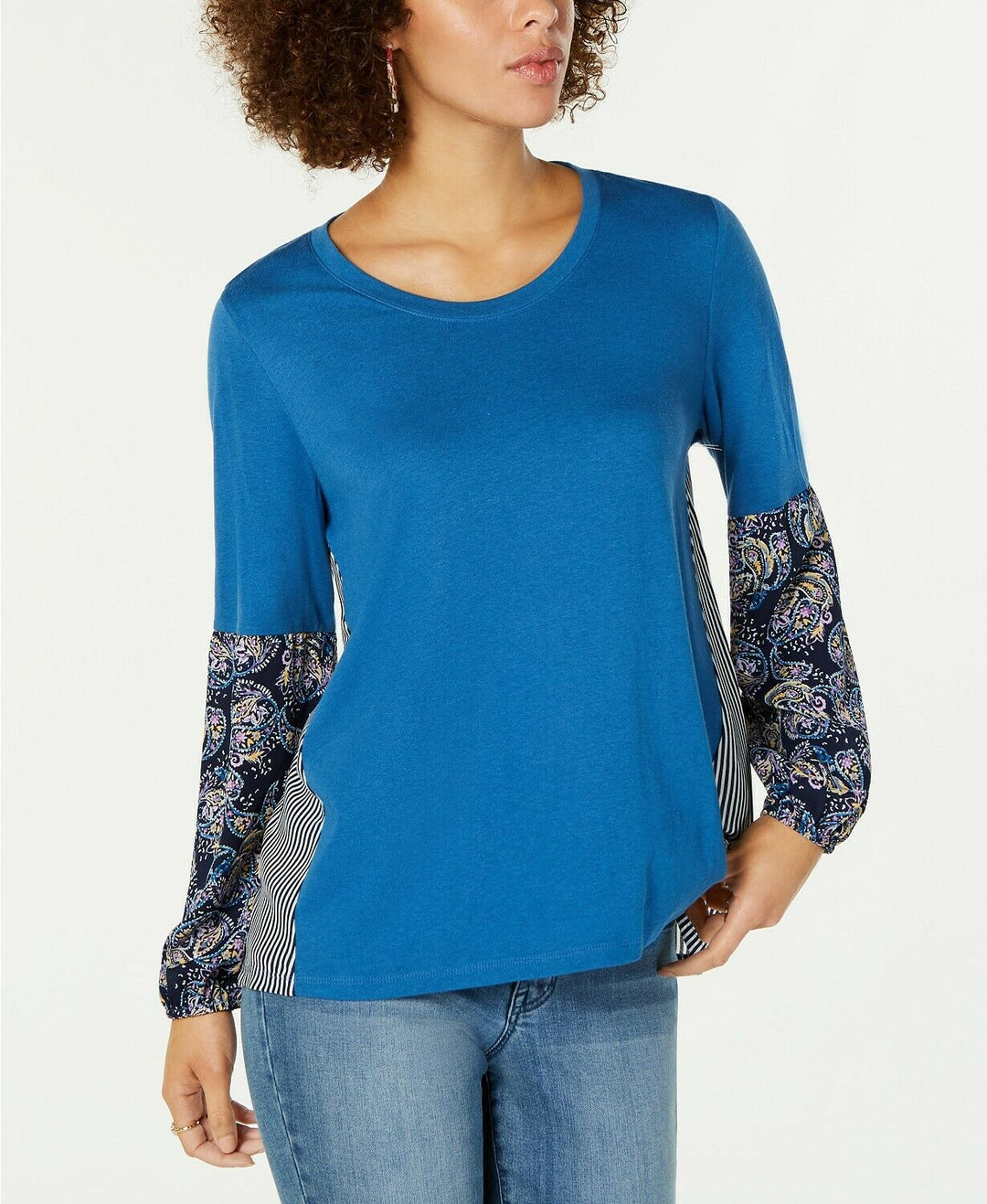 Style & Co. Women's Printed Crew Neck Pullover Top Long Sleeve Paisley Size L