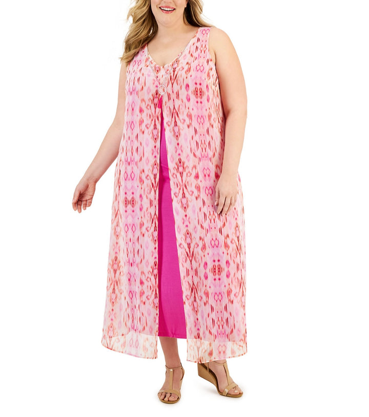 JM Collection Women's Chiffon-Overlay Maxi Dress Fuchsia Tulp Combo Plus Size