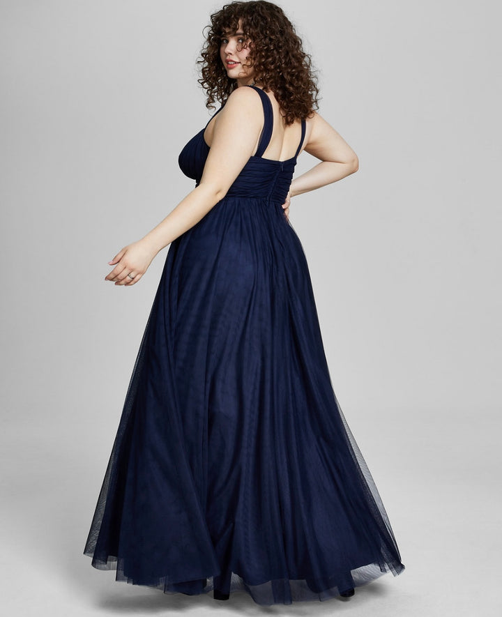 City Studio Women's Mesh Ruched Evening Dress Navy Ink Plus Size 18W