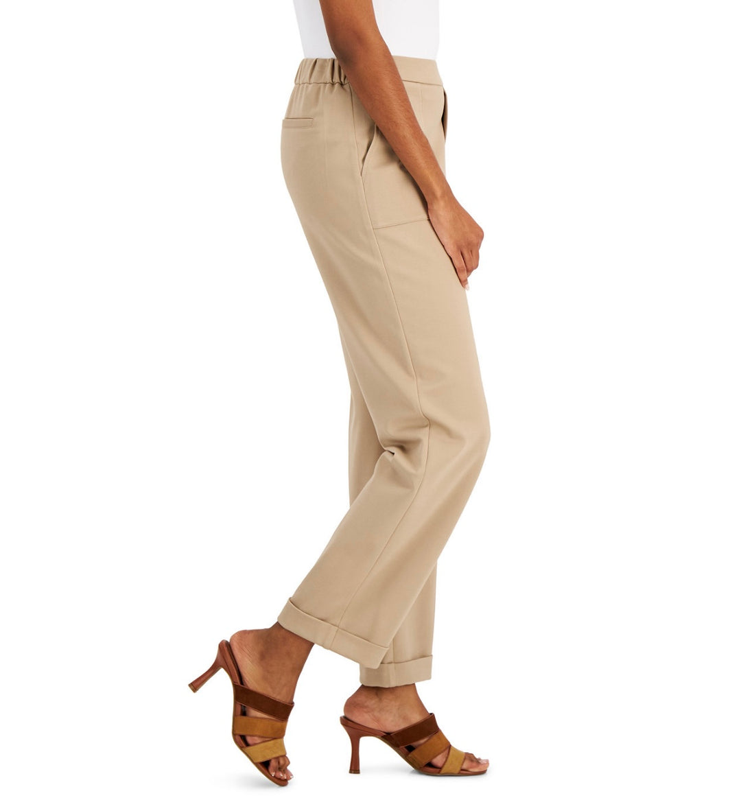 Alfani Women's Elastic Waistband Cuffed Straight-Leg Pants Fresh Almond Size M