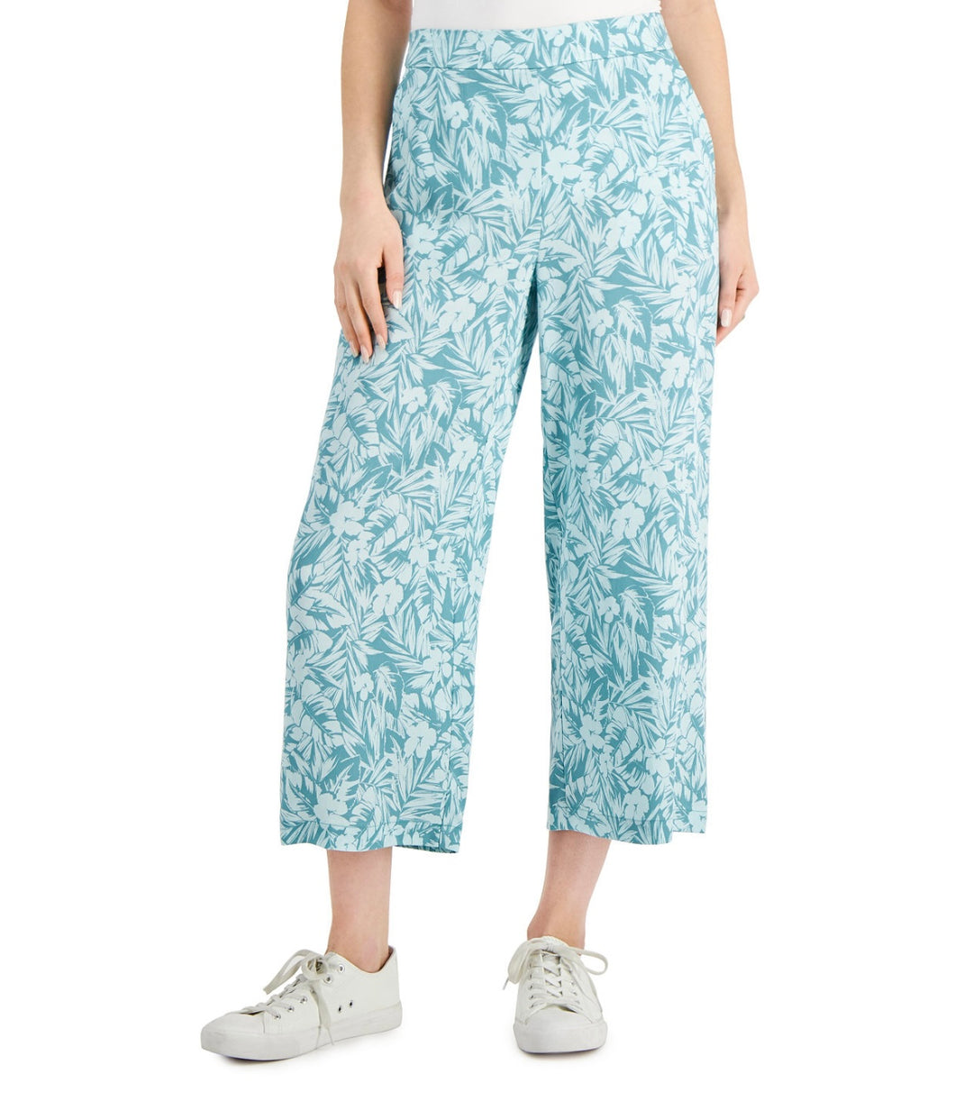 Charter Club Women's Elastic Waits Floral Cropped Wide-Leg Pants Teal Combo