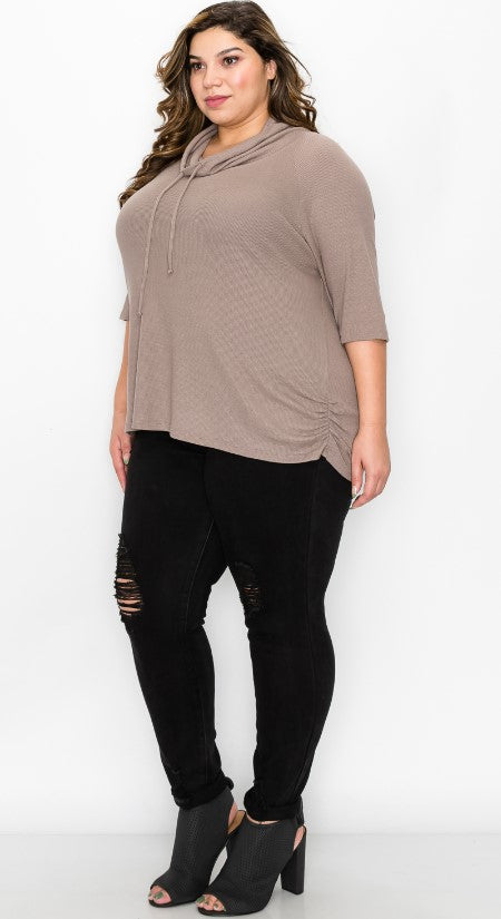 COIN 1804 Women's Baby Thermal Cowl Neck Side Ruched Top Stone Dark Plus Size 3X