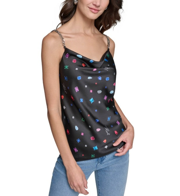 Karl Lagerfeld Paris Women's Printed Chain-Strap Cowlneck Camisole Top Size XL