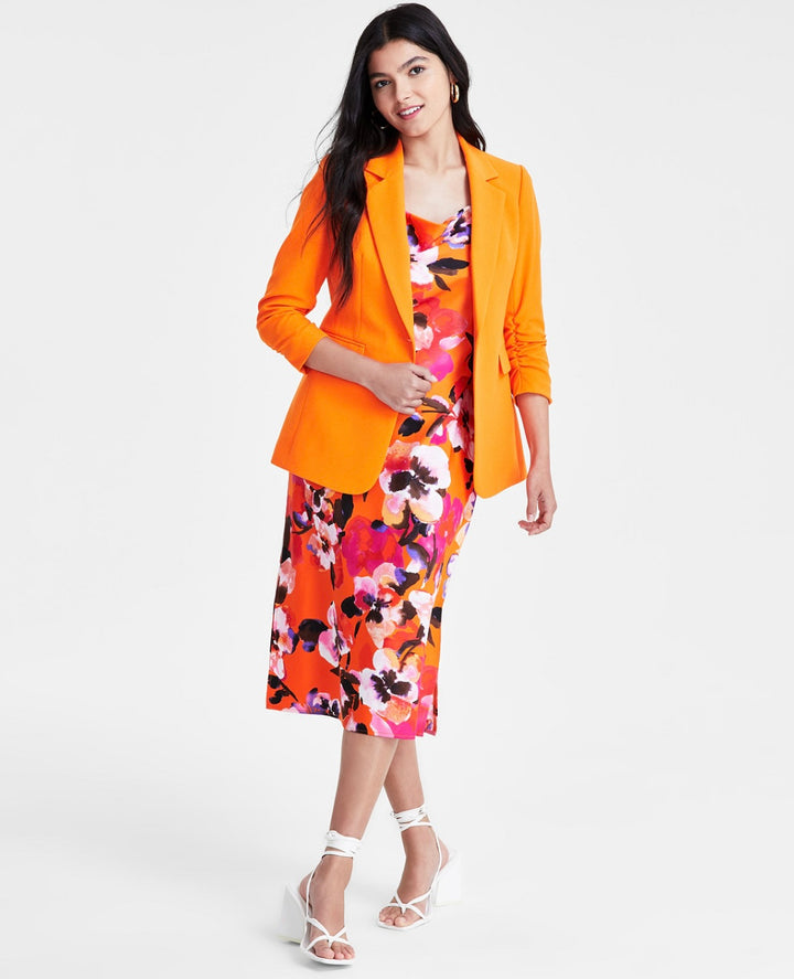Bar III Women's Ruched 3/4-Sleeve One-Button Blazer Tangerine Size XXL