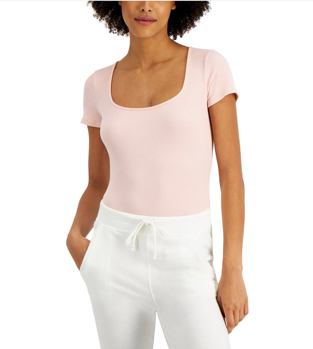 Jenni Women's Short Sleeve Square Neck Ribbed Bodysuit Peachskin Size S