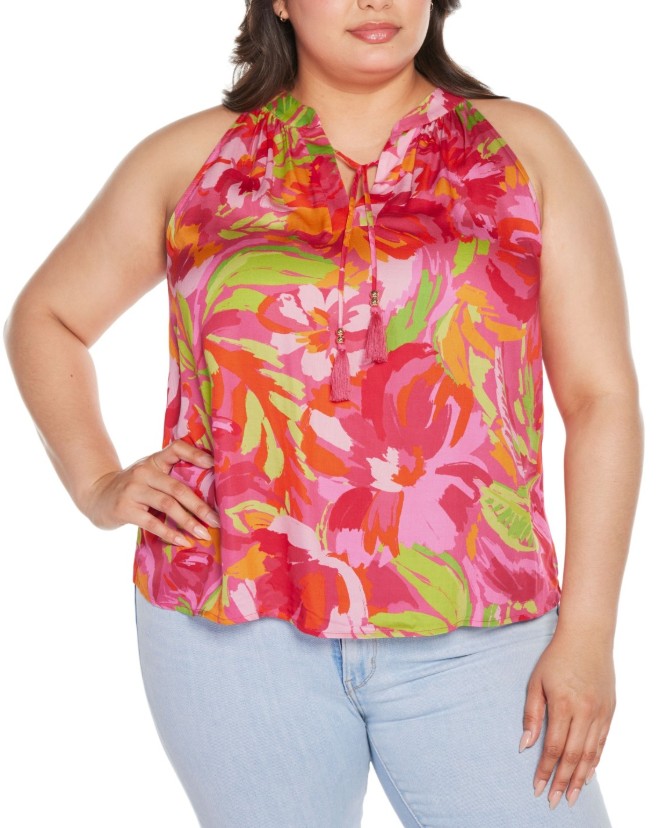Belldini Women's Abstract Floral Tie-Neck Sleeveless Top Plus Size 2X
