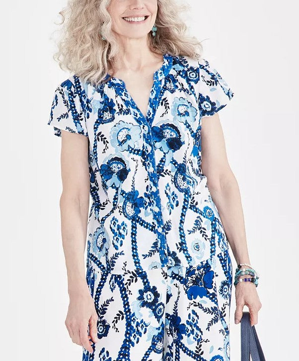 Style & Co. Women's Printed Flutter-Sleeve Top Belinda White Size XL